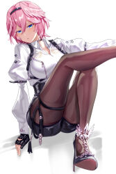 Rule 34 | 1girl, black gloves, black shorts, blue eyes, breasts, brown pantyhose, collared shirt, fingerless gloves, gloves, hair wings, hairband, high heels, highres, hololive, large breasts, long sleeves, looking at viewer, pantyhose, pantyhose under shorts, pink hair, shirt, short hair, shorts, solo, takane lui, thighs, uenoryoma, virtual youtuber, white shirt