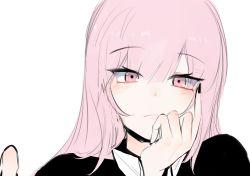 Rule 34 | 1girl, absurdres, black nails, blush, daiishori, hand on own face, highres, hololive, hololive english, looking at viewer, mori calliope, nail polish, pink eyes, pink hair, solo, upper body, virtual youtuber, white background
