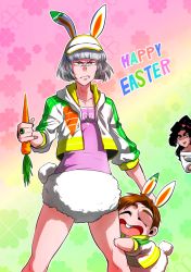 Rule 34 | 1girl, 2boys, animal costume, animal ears, bad id, bad pixiv id, rabbit costume, rabbit ears, rabbit tail, carrot, chibi, child, claude frollo, cropped jacket, disney, easter, esmeralda (disney), hugging own legs, marimo (yousei ranbu), multiple boys, pinky out, quasimodo, tail, the hunchback of notre dame, visor cap, aged down