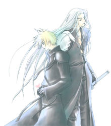 Rule 34 | 00s, 2000s (style), 2boys, arm guards, armor, black jacket, black shirt, blonde hair, chest strap, closed eyes, cloud strife, final fantasy, final fantasy vii, final fantasy vii advent children, flower, high collar, holding, holding flower, holding sword, holding weapon, jacket, long coat, long hair, lowres, masamune (ff7), multiple boys, open collar, parted bangs, rendezvous, sephiroth, shirt, shoulder armor, silver hair, sleeveless, sleeveless shirt, spiked hair, sword, wavy hair, weapon, white background