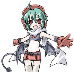 Rule 34 | 1girl, demon tail, demon wings, fang, gloves, green hair, hat, kugelschreiber, looking at viewer, open mouth, pointy ears, red eyes, rukia moon, rukia muun, shinrabanshou, short hair, simple background, smile, solo, tail, white background, wings