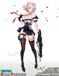 Rule 34 | artist name, black footwear, black gloves, boots, breasts, character name, cleavage, dress, full body, girls&#039; frontline, gloves, gun, holding, holding gun, holding weapon, kriss vector, lenn sparrow, open mouth, petals, short hair, submachine gun, suppressor, thigh boots, vector (girls&#039; frontline), weapon, white background, white dress, white hair, yellow eyes