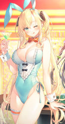 Rule 34 | 1girl, ;q, animal ears, aqua leotard, bare arms, bare shoulders, blonde hair, bow, bowtie, braid, breasts, cleavage, closed mouth, covered navel, cowboy shot, cup, detached collar, drinking glass, fake animal ears, green eyes, groin, hair ribbon, hairband, hand up, highleg, highleg leotard, highres, holding, large breasts, leotard, long hair, looking at viewer, maid, maid leotard, one eye closed, playboy bunny, rabbit ears, regina mercedes, ribbon, seiken gakuin no maken tsukai, smile, solo, spaghetti strap, standing, thigh strap, thighs, tongue, tongue out, toosaka asagi, twintails, unconventional maid, very long hair, wrist cuffs