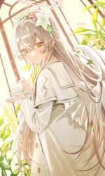 Rule 34 | 1girl, angel wings, artist name, blue archive, blush, closed mouth, commentary, cup, dress, feathered wings, flower, hair between eyes, hair flower, hair ornament, halo, haruri, highres, holding, holding cup, light brown hair, long hair, long sleeves, nagisa (blue archive), pink flower, pink halo, signature, smile, solo, upper body, white dress, white flower, white wings, wings, yellow eyes