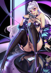 Rule 34 | 1girl, absurdres, alternate costume, blue jacket, breasts, cian yo, closed mouth, earrings, evelynn (league of legends), glasses, highres, jacket, jewelry, large breasts, league of legends, looking at viewer, non-web source, open clothes, open jacket, the baddest evelynn, thighhighs