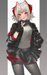 Rule 34 | 1girl, :d, absurdres, arknights, black gloves, black jacket, black pantyhose, black scarf, black skirt, blush, breasts, contrapposto, cowboy shot, fingerless gloves, gloves, grey shirt, hati105, highres, horns, index finger raised, jacket, long sleeves, looking at viewer, medium breasts, miniskirt, multicolored hair, nail polish, open clothes, open jacket, open mouth, pantyhose, patterned background, red eyes, red hair, red nails, scarf, shirt, short hair, silver hair, skirt, smile, solo, streaked hair, two-tone hair, unbuttoned, w (arknights)