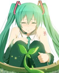 Rule 34 | 1girl, 39, artist name, detached sleeves, closed eyes, green hair, hatsune miku, headset, hello planet (vocaloid), hews, long hair, necktie, pantyhose, plant, smile, solo, tears, twintails, vocaloid, white background