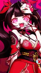 Rule 34 | 1girl, :d, absurdres, bare shoulders, bell, black choker, black hair, black sash, breasts, choker, cleavage, commentary, criss-cross halter, detached sleeves, facial mark, fox mask, glowing, glowing eyes, halterneck, hand up, highres, honkai: star rail, honkai (series), jingle bell, konaka (usagi draw), long hair, looking at viewer, mask, mask on head, medium breasts, neck bell, obi, open mouth, pink eyes, red background, sash, short sleeves, smile, solo, sparkle (honkai: star rail), twintails, upper body