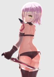 Rule 34 | 1girl, absurdres, arm belt, ass, back, bandaged arm, bandages, bare shoulders, black footwear, black panties, boots, breasts, butt crack, closed mouth, dagger, dual wielding, facial scar, fate/apocrypha, fate/grand order, fate (series), gloves, green eyes, hair between eyes, highres, holding, holding dagger, holding knife, holding weapon, jack the ripper (fate/apocrypha), knife, koisuke, looking at viewer, looking back, panties, scar, scar across eye, scar on cheek, scar on face, short hair, shoulder tattoo, simple background, single glove, smile, solo, tattoo, thigh boots, thighhighs, thighs, underwear, weapon, white hair