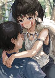 Rule 34 | 1boy, 1girl, ashitaka, bad id, bad twitter id, bare arms, black hair, blush, brown eyes, closed mouth, day, faceless, faceless male, facepaint, facial mark, forest, fur, highres, jewelry, mononoke hime, nature, necklace, outdoors, san (mononoke hime), saya (mychristian2), short hair, tooth necklace