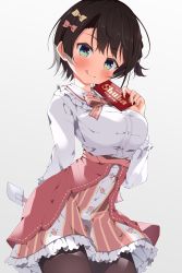 Rule 34 | 1girl, :q, absurdres, black hair, blouse, blue eyes, blush, bow, bowtie, braid, breasts, chocolate, closed mouth, floral print, food, frilled shirt, frilled skirt, frills, hair bow, high-waist skirt, highres, holding, holding chocolate, holding food, holding spatula, hololive, kuno (kc9s), large breasts, looking at viewer, oozora subaru, pink bow, pink bowtie, pink skirt, shirt, simple background, skirt, solo, spatula, tongue, tongue out, underwear, valentine, virtual youtuber, white background, white shirt, yellow bow