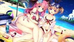 Rule 34 | 2girls, animal, armband, ass, azur lane, ball, beach, beachball, bikini, bird, black bow, black ribbon, blue eyes, blue sky, blunt bangs, blush, bottle, bow, breasts, brown hair, building, cellphone, cleavage, cloud, collarbone, commentary request, cooler, day, eyes visible through hair, flower, food, fruit, gluteal fold, goggles, goggles on head, hair bow, hair flower, hair ornament, hair ribbon, highres, innertube, jianren, looking at viewer, lotion, medium breasts, multiple girls, navel, norfolk (azur lane), o-ring, o-ring bikini, off shoulder, open mouth, outdoors, palm tree, phone, pink hair, purple eyes, ribbon, sand castle, sand sculpture, shirt, sitting, sky, skyscraper, small breasts, smartphone, suffolk (azur lane), sunscreen, swim ring, swimsuit, towel, tree, twintails, wariza, water, water bottle, watermelon, wet, white shirt