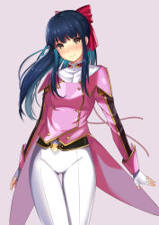 Rule 34 | 00s, 1girl, arms at sides, belt, belt buckle, blue hair, blunt bangs, blush, bow, brown eyes, buckle, buttons, closed mouth, coat, cowboy shot, double-breasted, fingerless gloves, gloves, hair bow, head tilt, highres, kagematsuri, long hair, long sleeves, looking at viewer, pants, pink background, pink bow, pink coat, ponytail, sakura taisen, shinguuji sakura, sidelocks, simple background, sleeve cuffs, smile, solo, standing, thigh gap, uniform, white gloves, white pants