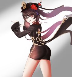 Rule 34 | 1girl, absurdres, artist request, ass, black shorts, breasts, brown hair, chinese clothes, coat, coattails, genshin impact, gradient hair, hat, hat ornament, highres, hu tao (genshin impact), long hair, looking at viewer, multicolored hair, open mouth, red eyes, red hair, shiny clothes, short shorts, shorts, smile, solo, twintails, very long hair
