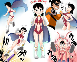 Rule 34 | 1boy, 1girl, black hair, blush, breasts, captured, closed mouth, clothes pull, commentary request, defeat, doraemon, groin, highres, imminent rape, leotard, looking at viewer, magical girl, minamoto shizuka, multiple boys, navel, nobi nobita, open mouth, rape, restrained, revealing clothes, short hair, smile, superhero costume, takaya n, tentacle sex, tentacles, torn clothes, twintails