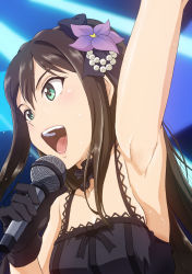 Rule 34 | 10s, 1girl, :d, arm up, armpits, bare shoulders, black gloves, black gothic dress (idolmaster), enfuku, flower, gloves, green eyes, hair flower, hair ornament, idolmaster, idolmaster cinderella girls, long hair, microphone, open mouth, pubic stubble, shibuya rin, smile, solo, sweat