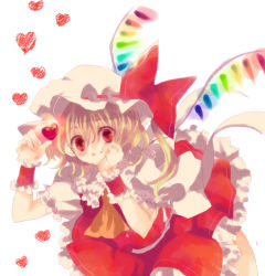Rule 34 | 1girl, bad id, bad pixiv id, blouse, female focus, flandre scarlet, hair between eyes, hat, heart, mob cap, red eyes, red wrist cuffs, ribbon, shirt, solo, touhou, white background, white hat, white shirt, wings, wrist cuffs, yukirar