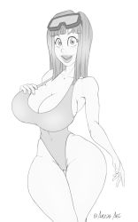 1girl, alternate breast size, artist request, ass, ass focus, bare legs, bare shoulders, blush, breasts, cameltoe, curvy, dragon ball, dragonball z, hand on own chest, happy, highleg, highleg swimsuit, huge ass, large breasts, lips, long hair, looking at viewer, maron (dragon ball), monochrome, multiple views, nipples, one-piece swimsuit, open mouth, partially visible vulva, smile, solo, sunglasses, swimsuit, twitter username, upper body, wet