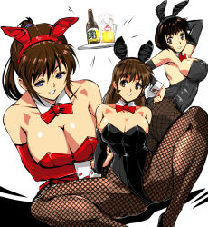Rule 34 | 3girls, alcohol, animal ears, armpits, bare shoulders, beer, black leotard, bow, bowtie, breasts, brown eyes, brown hair, cleavage, collarbone, commentary request, cup, detached collar, detached sleeves, drinking glass, fake animal ears, fishnet legwear, fishnets, freckled girl (kamisimo 90), hair ornament, kamisimo 90, leotard, looking at viewer, mug, multiple girls, original, pantyhose, playboy bunny, ponytail, ponytail girl (kamisimo 90), purple eyes, rabbit ears, rabbit tail, red leotard, sideboob, sidelocks, smile, spread legs, strapless, strapless leotard, tail, tray, wrist cuffs