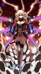 Rule 34 | 1girl, absurdres, blonde hair, breaking, breasts, bridal garter, bridal gauntlets, center opening, cleavage, debris, detached collar, detached sleeves, earrings, elbow gloves, electricity, fishnet thighhighs, fishnets, full body, gloves, headgear, highleg, highres, jewelry, large breasts, lightning, looking at viewer, midriff, navel, original, pointy ears, purple eyes, qbspdl, shatter, single thighhigh, thighhighs, twintails