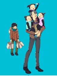 Rule 34 | 10s, 2boys, 3girls, bad id, bad pixiv id, bag, blue background, blue gloves, brown hair, carrying, cellphone, child, coat, closed eyes, glasses, gloves, hair bun, highres, katsuki yuuri, mittens, multiple boys, multiple girls, nishigoori axel, nishigoori loop, nishigoori lutz, phone, pink gloves, purple gloves, rikyuu, scarf, selfie, shoes, shopping bag, short hair, short ponytail, short twintails, shoulder carry, siblings, simple background, single hair bun, sisters, sitting on shoulder, smartphone, smile, sneakers, triplets, twintails, vest, viktor nikiforov, white hair, winter clothes, winter coat, yuri!!! on ice