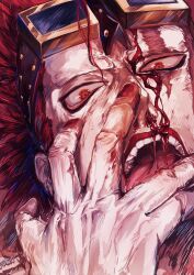 Rule 34 | 1boy, ame ekai, blood, blood in mouth, blood on face, close-up, eustass kid, goggles, goggles on head, hand on own face, highres, looking at viewer, male focus, one piece, open mouth, red eyes, red hair, red theme, scar, scar across eye, short hair, solo, veins, veiny hands