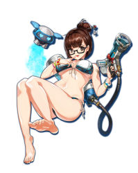 Rule 34 | 1girl, absurdres, adapted costume, bare shoulders, barefoot, bead bracelet, beads, bikini, black-framed eyewear, black neckwear, blunt bangs, bracelet, breasts, brown eyes, brown hair, canister, choker, cold, drone, energy gun, feet, finger to mouth, floating, front-tie bikini top, front-tie top, full body, glasses, gun, hair bun, hair ornament, hair stick, hands up, heart, heart-shaped pupils, highres, holding, holding gun, holding weapon, hose, jewelry, large breasts, legs, machinery, mei (overwatch), overwatch, overwatch 1, pink lips, qsun, ray gun, semi-rimless eyewear, short hair, side-tie bikini bottom, simple background, single hair bun, smile, snowball (overwatch), snowflake hair ornament, soles, solo, string bikini, swimsuit, symbol-shaped pupils, toes, trigger discipline, weapon, white background