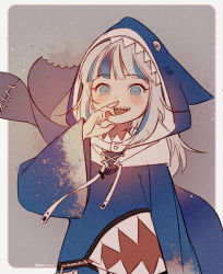 Rule 34 | 1girl, animal hood, blue eyes, blue hair, blue hoodie, blue nails, blunt bangs, blush, commentary, cowboy shot, fangs, fins, fish tail, gawr gura, gawr gura (1st costume), grey background, hand to own mouth, hololive, hololive english, hood, hoodie, kawacy, looking at viewer, medium hair, multicolored hair, nail polish, open mouth, shark hood, shark tail, sharp teeth, silver hair, simple background, smile, solo, streaked hair, tail, teeth, twitter username, two-tone hair, virtual youtuber, wide sleeves