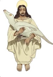 Rule 34 | 1boy, animal, barefoot, beard, black hair, closed eyes, closed mouth, dinosaur, facial hair, feathered dinosaur, halo, highres, holding, holding animal, invisible chair, jesus, long hair, male focus, mossacannibalis, robe, simple background, sitting, solo, the bible, velociraptor, white background