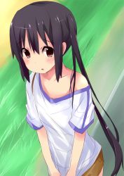 Rule 34 | 1girl, black hair, blush, brown eyes, from above, k-on!, kokomu, kokumu, long hair, looking up, nakano azusa, off shoulder, open mouth, solo, twintails