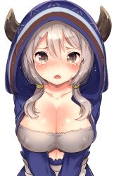 Rule 34 | 10s, 1girl, :o, blush, breasts, breasts squeezed together, brown eyes, cleavage, collarbone, covered erect nipples, draph, granblue fantasy, hair between eyes, hair tie, hood, hooded jacket, horns, ichihaya, jacket, kumuyu, large breasts, long hair, long sleeves, looking at viewer, low twintails, no bra, silver hair, simple background, solo, strapless, tears, tube top, twintails, upper body, v arms, white background, yellow eyes