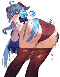 Rule 34 | 1girl, ahoge, aile (crossroads), artist name, ass, back, black panties, black pantyhose, blue gloves, blue hair, blush, bow, breasts, clothes pull, detached sleeves, from behind, furrowed brow, ganyu (genshin impact), genshin impact, gloves, highres, leaning forward, long hair, looking at viewer, looking back, medium breasts, panties, pantyhose, pantyhose pull, pulled by self, purple eyes, solo, thighs, torn clothes, torn pantyhose, underwear, undressing, wet, wet clothes, wet hair, wet panties, white background, white sleeves
