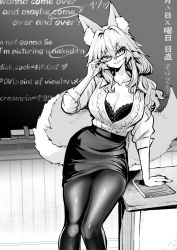 Rule 34 | 1girl, animal ear fluff, animal ears, bra, breasts, chalkboard, cleavage, collarbone, commentary, english text, fate/extra, fate (series), fox ears, fox girl, fox tail, frills, glasses, greyscale, hair between eyes, highres, lace, lace-trimmed bra, lace trim, large breasts, long hair, long sleeves, looking at viewer, monochrome, pantyhose, pencil skirt, sidelocks, skirt, sleeves rolled up, smile, solo, tail, tamamo (fate), tamamo no mae (fate/extra), teacher, thighs, underwear, wisespeak