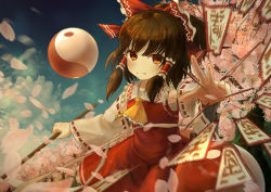 Rule 34 | 1girl, absurdres, arm up, armpit peek, ascot, blue sky, blurry, blurry foreground, bow, brown hair, cherry blossoms, commentary request, depth of field, detached sleeves, ekaapetto, expressionless, frilled shirt collar, frills, gohei, hair bow, hair tubes, hakurei reimu, highres, looking at viewer, motion blur, needle, ofuda, open hand, orange eyes, orb, outdoors, outstretched hand, petals, red skirt, red vest, sarashi, short hair, short ponytail, skirt, skirt set, sky, solo, standing, touhou, tree, twilight, upper body, vest, yellow ascot, yin yang, yin yang orb