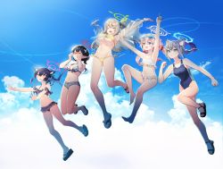 Rule 34 | &gt; &lt;, 5girls, :d, ^ ^, absurdres, ahoge, animal ear fluff, animal ears, arms up, artist name, ayane (blue archive), ayane (swimsuit) (blue archive), bare legs, barefoot, bikini, bikini top only, black bikini, black bow, black footwear, black hair, blue-tinted eyewear, blue archive, blue eyes, blue one-piece swimsuit, bow, breasts, cat ears, closed eyes, cloud, cross hair ornament, crying, crying with eyes open, eyewear on head, fang, flat chest, flower, frilled bikini, frills, front-tie bikini top, front-tie top, glasses, goyain, grey hair, hair bobbles, hair bow, hair flower, hair ornament, hair ribbon, hair rings, halo, heterochromia, highres, hoshino (blue archive), hoshino (swimsuit) (blue archive), index finger raised, jacket, jacket over swimsuit, jumping, large breasts, light blush, light brown hair, long hair, midriff, mismatched pupils, multiple girls, nonomi (blue archive), nonomi (swimsuit) (blue archive), one-piece swimsuit, open mouth, orange eyes, pink hair, pointing, pointing up, pointy ears, red-framed eyewear, red eyes, ribbon, sandals, see-through, see-through jacket, serika (blue archive), serika (swimsuit) (blue archive), shiroko (blue archive), shiroko (swimsuit) (blue archive), short hair, short shorts, shorts, side-tie bikini bottom, sky, smile, striped bikini, striped clothes, swimsuit, tears, tinted eyewear, twintails, underboob, white-framed eyewear, white bikini, wide shot, wolf ears, yellow bikini