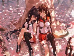 Rule 34 | 2girls, absurdres, bare shoulders, black hair, black legwear, black sailor collar, breasts, brown hair, brown legwear, cherry blossoms, closed eyes, closed mouth, commentary request, convenient leg, dappled sunlight, day, facing viewer, gloves, headgear, highres, hip vent, kantai collection, knees up, large breasts, light rays, long hair, long sleeves, miniskirt, multiple girls, outdoors, panties, pantyshot, parted lips, pleated skirt, ponytail, red sailor collar, red skirt, rudder footwear, sailor collar, school uniform, serafuku, shirt, side-by-side, sidelocks, single thighhigh, sitting, skirt, sleeping, sleeveless, sleeveless shirt, sunbeam, sunlight, thighhighs, tree, tree shade, underwear, user yzzn3747, very long hair, water, white gloves, white shirt, yahagi (kancolle), yamato (kancolle)