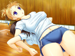 Rule 34 | 2girls, :o, assisted stretching, back-to-back, back slide, blonde hair, blue eyes, blush, breasts, brown hair, buruma, carrying, collarbone, gym, gym uniform, hair ribbon, hair up, large breasts, lifting person, locked arms, multiple girls, navel, open mouth, original, ribbon, stretching, ulisutariasu