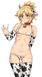 Rule 34 | 1girl, absurdres, animal ears, arm behind back, bell, bikini, blonde hair, blush, braid, breasts, collar, collarbone, commentary, cow ears, cow horns, cowbell, english commentary, fake animal ears, fake horns, fate/apocrypha, fate/grand order, fate (series), french braid, gluteal fold, green eyes, hair ornament, hair scrunchie, highres, horns, long hair, looking at viewer, micro bikini, mordred (fate), mordred (fate/apocrypha), navel, open mouth, ponytail, red scrunchie, scrunchie, simple background, small breasts, solo, suggestive fluid, swimsuit, thighhighs, todding, white background