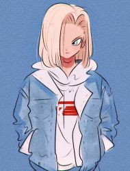 Rule 34 | 1girl, alternate costume, android 18, blonde hair, blue background, blue eyes, denim, denim jacket, dragon ball, earrings, hair over one eye, hands in pockets, hood, hoodie, jacket, jewelry, medium hair, moricky, open clothes, open jacket, pocket, simple background, solo, upper body