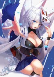 Rule 34 | 1girl, animal ears, azur lane, blue eyes, blunt bangs, breasts, cleavage, collarbone, commentary request, fox ears, fox mask, fox tail, hakama, hakama short skirt, hakama skirt, highres, holding, japanese clothes, kaga (azur lane), kimono, large breasts, mask, mirea, open mouth, outstretched arms, revision, short hair, silver hair, sitting, skirt, solo, standing, tail, thighhighs, wide sleeves, wristband, zettai ryouiki