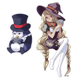 Rule 34 | 1girl, bird, blonde hair, braid, card, glasses, hat, holding, holding card, juke, long hair, penguin, red eyes, sitting, solo, thighhighs, top hat, twin braids, very long hair, white thighhighs, witch hat