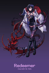 Rule 34 | bare shoulders, black footwear, black gloves, black hair, blood, boots, breasts, buckle, chain, choker, cleavage, closed mouth, crack, cross, dungeon and fighter, english text, female priest (dungeon and fighter), gloves, hella p, high heel boots, high heels, highres, holding, holding scythe, holding weapon, knee boots, long sleeves, mistress (dungeon and fighter), multicolored clothes, multicolored gloves, pink lips, purple legwear, red gloves, scythe, short hair, skull, solo, spine, standing, tattoo, torn clothes, torn legwear, weapon, yellow eyes