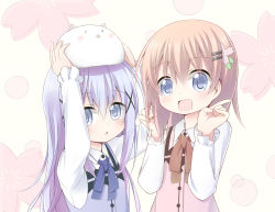 Rule 34 | 2girls, :d, :o, angora rabbit, animal, animal on head, arms up, ayanepuna, beige background, blue bow, blue eyes, blue hair, blue vest, blush, bow, brown bow, collared shirt, commentary request, fingernails, gochuumon wa usagi desu ka?, hair between eyes, hair ornament, hairclip, hands up, hoto cocoa, index finger raised, kafuu chino, light brown hair, long sleeves, looking at viewer, multiple girls, on head, open mouth, parted lips, pink vest, rabbit, rabbit house uniform, shirt, smile, tippy (gochiusa), uniform, vest, white shirt, x hair ornament