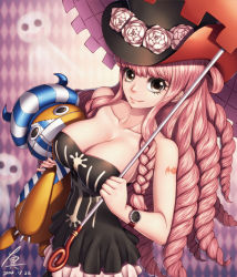 Rule 34 | 10s, 1girl, 2014, bare shoulders, bat tattoo, breasts, cleavage, collarbone, cowboy shot, dated, dress, drill hair, ghost, grey eyes, hat, kumacy, large breasts, lipstick, long hair, makeup, one piece, perona, pink hair, signature, smile, solo, stitches, stuffed toy, tattoo, umbrella, watch, wristwatch, zerg309