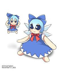 Rule 34 | 2021, achmad sjahrir, blue eyes, blue hair, blue ribbon, cirno, dated, doll, dress, fairy, fairy wings, flying, fumbo (doll), fumo (doll), hair between eyes, hair ribbon, highres, ice, ice wings, looking ahead, looking at another, meme, red ribbon, ribbon, shadow, short hair, simple background, sitting, smile, stuffed toy, touhou, white background, wings
