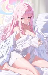 Rule 34 | 1girl, absurdres, bare shoulders, barefoot, blue archive, breasts, cleavage, green eyes, highres, looking at viewer, medium breasts, mika (blue archive), pink hair, rivet (vvrn2825), solo, wings