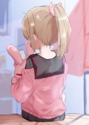 Rule 34 | 1girl, absurdres, black sailor collar, black skirt, blonde hair, cardigan, cellphone, commentary request, curtains, facing away, from behind, hair ornament, hair scrunchie, highres, holding, holding phone, indoors, long sleeves, nape, natori sana, on bed, phone, pink cardigan, ponytail, sailor collar, sana channel, scrunchie, short hair, sidelocks, sitting, skirt, smartphone, solo, stuffed animal, stuffed rabbit, stuffed toy, utsusumi kio, virtual youtuber