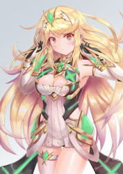 Rule 34 | 1girl, absurdres, blonde hair, blush, breasts, cleavage, cleavage cutout, clothing cutout, cocoasabure, cowboy shot, elbow gloves, gem, gloves, grey background, headpiece, highres, large breasts, long hair, mythra (xenoblade), nintendo, solo, standing, swept bangs, thigh gap, thigh strap, tiara, xenoblade chronicles (series), xenoblade chronicles 2, yellow eyes