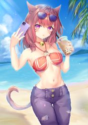 Rule 34 | 1girl, absurdres, animal ears, arm up, armpits, warrior of light (ff14), bare arms, bare shoulders, beach, bell, bikini, bikini top only, blue pants, breasts, bubble tea, cat ears, cat girl, cat tail, cellphone, chess11, choker, collarbone, cowboy shot, day, denim, eyewear on head, facial mark, final fantasy, final fantasy xiv, highres, holding, iphone, jewelry, jingle bell, light rays, medium breasts, miqo&#039;te, multicolored hair, nail polish, navel, necklace, ocean, outdoors, pants, phone, purple eyes, red-framed eyewear, red bikini, red choker, red hair, smartphone, solo, standing, stomach, streaked hair, string bikini, sunbeam, sunglasses, sunlight, swimsuit, symbol-shaped pupils, tail, torn clothes, torn pants