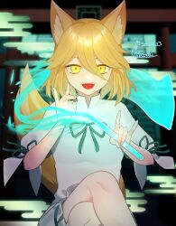 Rule 34 | 1girl, animal ears, artist name, blonde hair, brown tail, commentary request, commission, cowboy shot, crossed legs, dated, fingernails, fox ears, fox girl, fox shadow puppet, fox tail, green ribbon, hair between eyes, hand up, high collar, highres, holding, holding test tube, holding vial, kudamaki tsukasa, long bangs, looking at viewer, magic, medium hair, open mouth, ribbon, romper, short sleeves, signature, sitting, skeb commission, slit pupils, solo, tail, tebamaru, teeth, test tube, touhou, upper teeth only, vial, white romper, yellow eyes, yellow tail
